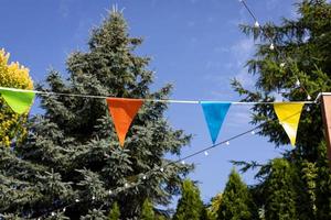 Banderas para una fiesta en el jardín que cuelgan entre los árboles. foto