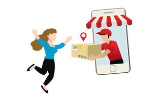 deliver man send the shopping bag to customer. Bounced out of mobile. The woman is happy to receive the ordered items. Rated 5 stars. vector