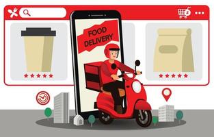 feliz repartidor en motocicleta va a enviar comida. el fondo es un sitio web para pedir comidas. La aplicación móvil de entrega de alimentos es una plataforma para restaurantes. decorado con edificios. vector