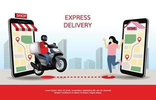 Happy woman waiting to receive the package from the delivery man. Mobile phone showing parcel status and location. Fast motorbike driver to deliver on time. Design for banner, illustration, website. vector