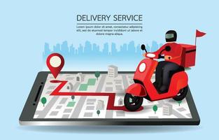 delivery man drives a motorcycle on a mobile phone. map and GPS on a smartphone. food delivery service sends a meal to the customer. the fast man keeps time and speed send food.