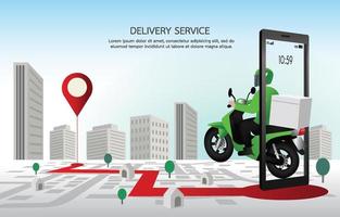 Fast delivery man with motorcycles. Customers ordering on mobile application,The motorcyclist goes according to the GPS map,The background is a cityscape. Illustration vector design for banner, web