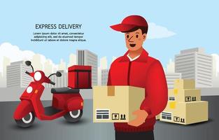 Delivery Man Wearing a red shirt Carrying a parcel box. A red motorcycle used to deliver And a box of placed behind. copy space on a cityscape background. Design for banner. shipping services website. vector
