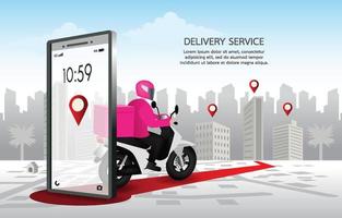 Fast delivery man with motorcycles. Customers ordering on mobile application,The motorcyclist goes according to the GPS map,The background is landscape city. Illustration vector design for banner.