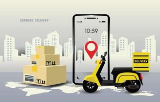 Delivery package by Motorcycle on a mobile phone. The location pinpoint is on the smartphone. Design for illustration Transportation, banner, background, website, app. boxes placed on the floor. vector