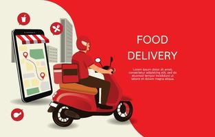 Fast delivery man with motorcycles. Customers ordering on mobile application,The motorcyclist goes according to the GPS map,The background is a cityscape. Illustration vector design for banner.