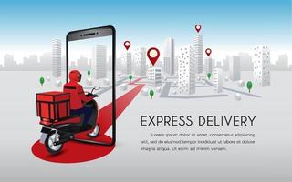Fast delivery man with motorcycles. Customers ordering on mobile application,The motorcyclist goes according to the GPS map,The background is blue and gray with buildings and trees. vector