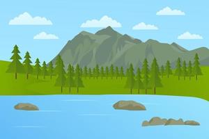 diseño plano de paisaje de montaña. Ilustración de vector de paisaje de lago de montaña