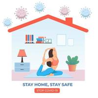 Stay at Home Illustration Concept. Girl Character doing yoga. self isolation during covid-19 pandemic.