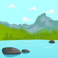 Mountain landscape surrounded by river vector illustration.