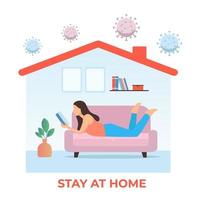 Woman character reading a book on sofa. Stay at home during corona virus pandemic. vector