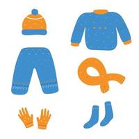 Collection of cute winter clothes. Colorful set of winter clothes in cartoon style. Sweater, pants, hat, mittens and socks. Vector illustration isolated on white background