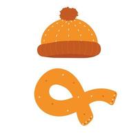 Hat with a pompom and a scarf. Autumn or winter accessory. Warm clothes flat icon. Vector illustration isolated on white background