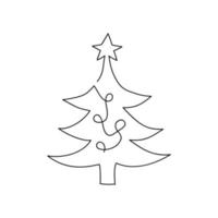 Continuous one line drawing of Christmas tree with star and garland. Hand drawn Christmas tree isolated on white background. Linear style. Vector illustration