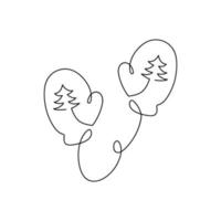 Continuous line drawing of mittens. Hand drawn christmas mittens on a rope with a pattern isolated on white background. Linear style. Vector illustration