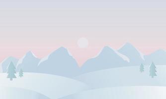 Beautiful winter mountains landscape. Horizontal landscape background with snowy mountains and pine trees. Pastel colors. Vector illustration