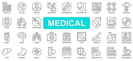 concepto médico conjunto de iconos de línea simple. paquete de pictogramas de contorno de hospital, médico, estetoscopio, farmacia, enfermera, ambulancia, vacunación y otros. símbolos vectoriales para el diseño de sitios web y aplicaciones móviles vector