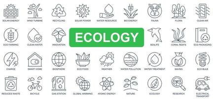 concepto de ecología conjunto de iconos de línea simple. empaquetar pictogramas de esquema de energía solar, turbinas eólicas, reciclaje, recursos hídricos, bio, fauna, flora y otros. símbolos vectoriales para el diseño de sitios web y aplicaciones móviles vector