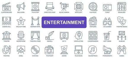 Entertainment concept simple line icons set. Pack outline pictograms of clapperboard, bullhorn, film, movie, camera, ticket, cinema hall and other. Vector symbols for website and mobile app design