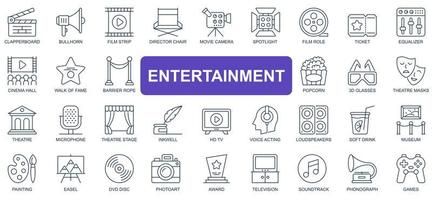 Entertainment concept simple line icons set. Pack outline pictograms of clapperboard, bullhorn, film, movie, camera, ticket, cinema hall and other. Vector symbols for website and mobile app design