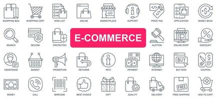 E-commerce concept simple line icons set. Pack outline pictograms of shopping, online, marketplace, support, price tag, auction, discount and other. Vector symbols for website and mobile app design