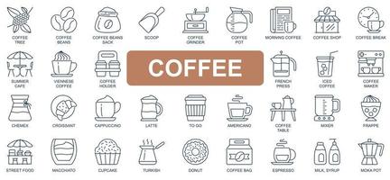 Conjunto de iconos de línea simple de concepto de café. paquete de pictogramas de contorno de frijoles, tienda, café, prensa francesa, croissant, capuchino, café con leche, americano y otros. símbolos vectoriales para el diseño de sitios web y aplicaciones móviles vector