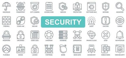 Security concept simple line icons set. Pack outline pictograms of insurance, protection, firewall, secure, defence, database, private cloud and other. Vector symbols for website and mobile app design