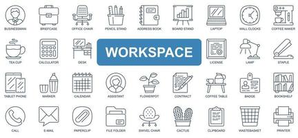 concepto de espacio de trabajo conjunto de iconos de línea simple. paquete de pictogramas de esquema de empresario, maletín, oficina, correo electrónico, libro, computadora portátil, café, calculadora y otros. símbolos vectoriales para el diseño de sitios web y aplicaciones móviles vector