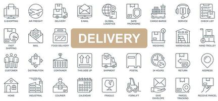 Delivery concept simple line icons set. Pack outline pictograms of e-shopping, email, global logistics, safe packaging, cargo, fast shipping and other. Vector symbols for website and mobile app design