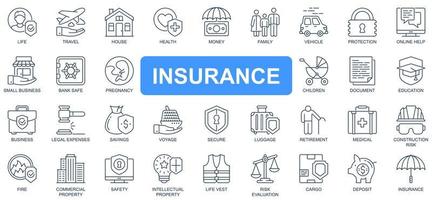 Insurance concept simple line icons set. Pack outline pictograms of life, travel, house, health, money, business, protection, online help and other. Vector symbols for website and mobile app design