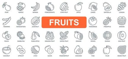 frutas concepto conjunto de iconos de línea simple. paquete de pictogramas de contorno de mango, plátano, granada, manzana, limón, mangostán, yaca, piña y otros. símbolos vectoriales para el diseño de sitios web y aplicaciones móviles vector