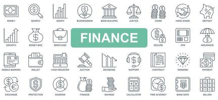 Finance concept simple line icons set. Pack outline pictograms of deposit, growth, briefcase, secure, atm, insurance, banking, wallet, cash and other. Vector symbols for website and mobile app design