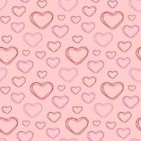 Seamless pattern, red hearts of different shades drawn by one line on a pink background, flat vector
