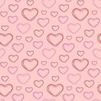 Seamless pattern, red hearts of different shades drawn by one line on a pink background, flat vector