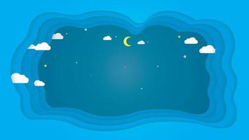 vector illustration imitating paper art and craft style. starry sky appears through layers of of stylized blue clouds. greeting card, poster  illustration,copy space.