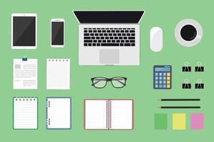 Flat lay, top view office table. Workspace with blank notebook,smartphone,tablet, laptop, pencil and coffee cup on green background. vector