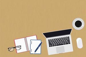 Workspace with notebook ,glasses and coffee cup copy space on wooden background. Top view. vector