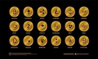 Cryptocurrency Coins set, Blockchain technology, Coin and NFT token symbols, Isolated logo Bitcoin, Ethereum, Litecoin, Dogecoin, BNBcoin, Dash, Monero, Cardano, Stella, Ripple, Bytecoin, Zcash vector