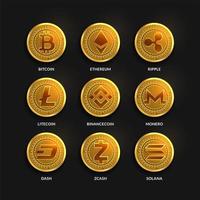 Cryptocurrency Coins set, Blockchain technology concept, Isolated logo vector illustration. Bitcoin, Ethereum, Litecoin, Binamce coin, Dash, Monero, Ripple, Zcash, Solana