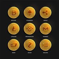 Cryptocurrency Coins set, Blockchain technology concept, Isolated logo vector illustration. Bitcoin, Ethereum, Litecoin, Binamce coin, Dash, Monero, Ripple, Zcash, Solana