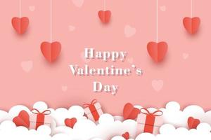 happy valentine day background vector template, cute paper cut style wallpaper with soft pink color