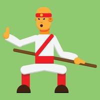 Kung Fu Pose With Stick. Kunfu Master. Kung Fu Trainer. Flat illustration Art. vector