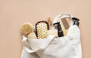 Zero waste natural cosmetics products on brown  background. photo