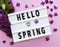 Lightbox with text HELLO SPRING and lilac flowers