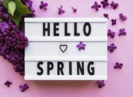 Lightbox with text HELLO SPRING and lilac flowers photo