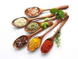 Various spices isolated on white background, top view photo