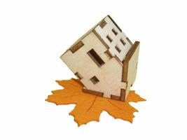 An overturned wooden house on a maple leaf photo