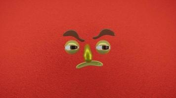 animação de rosto único, olhares para a direita e para a esquerda, expressão de raiva e parede vermelha.