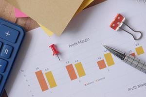 financial graph, calculator and notepad on table photo