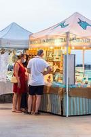 Formentera, Spain . 2021 August 8 . People at the Es Pujols market, Formentera in times of covid19 in 2021. photo